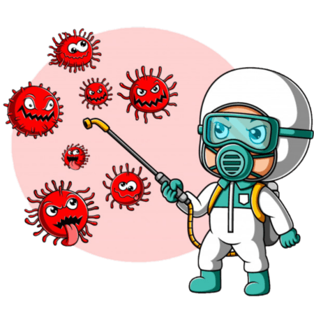 Sanificatore cartoon che combatte germi